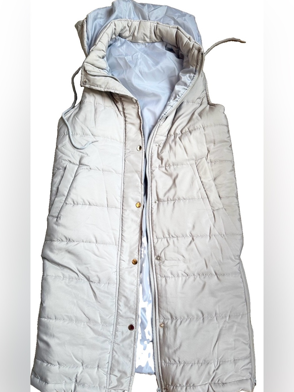 Hooded Long Puffer Vest in Cream